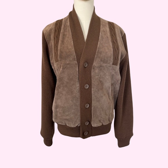 1980s Outdoor Exchange Genuine Suede and Cable Knit Cardigan Size M - Picture 3 of 9